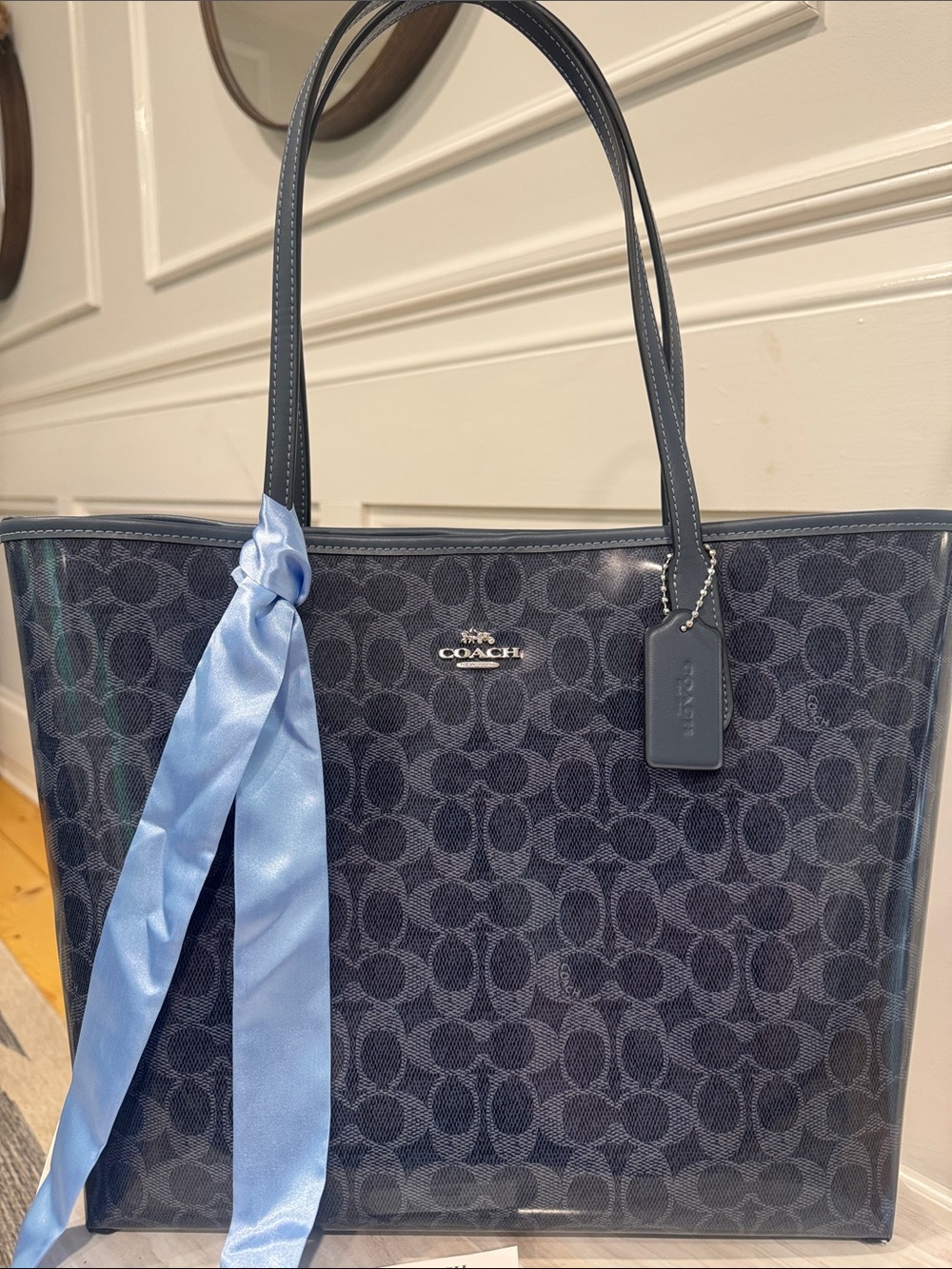 Coach Bag Denim Coated Canvas City Tote Patent Leather Dark Navy Tote NWOT RARE - Picture 4 of 17